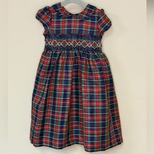 Laura Ashley: Girls.Navy / Green / Red Smocked Plaid Holiday Dress, Size 3T